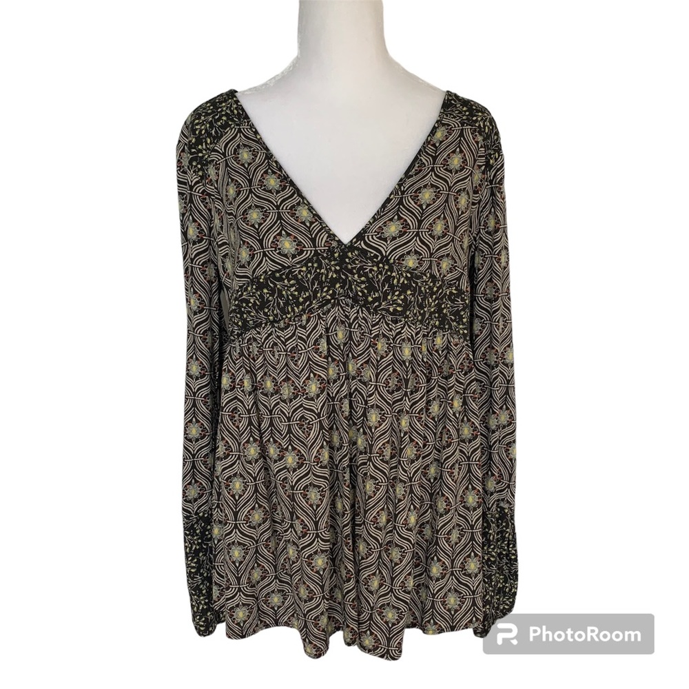 Free People S Boho Floral Black Multi Color V Neck Long Sleeve Tunic Top